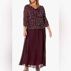 J Kara women’s three quarter sleeve Hand made beaded dress color Wine Size 14